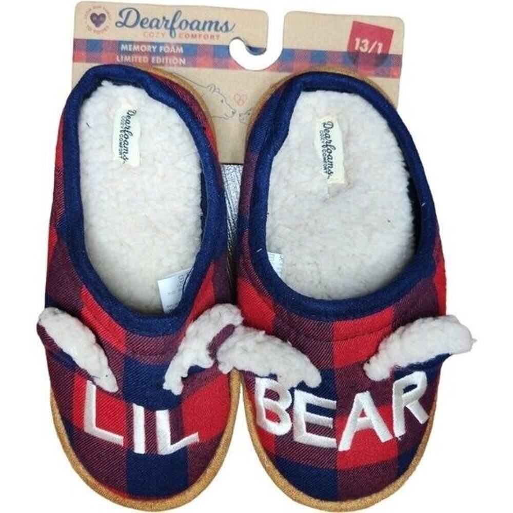 New Dearfoam Childrens‎ 'Lil Bear' Slippers 13/1 Red Blue Plaid Memory Foam